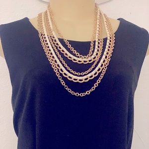 Chicos Layered Multi Chain Ribbon Weave Statement Necklace Gold Tone White